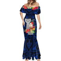 Custom Guam Christmas Mermaid Dress Santa Gift Latte Stone and Sea Turle Mix Hibiscus Chamorro Blue Style LT03 - Polynesian Pride