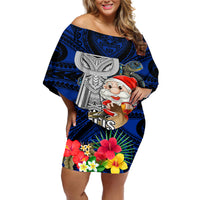 Custom Guam Christmas Off Shoulder Short Dress Santa Gift Latte Stone and Sea Turle Mix Hibiscus Chamorro Blue Style LT03 Women Blue - Polynesian Pride