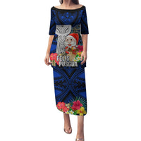 Custom Guam Christmas Puletasi Santa Gift Latte Stone and Sea Turle Mix Hibiscus Chamorro Blue Style LT03 Long Dress Blue - Polynesian Pride