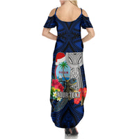 Custom Guam Christmas Summer Maxi Dress Santa Gift Latte Stone and Sea Turle Mix Hibiscus Chamorro Blue Style LT03 - Polynesian Pride