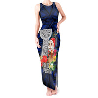Custom Guam Christmas Tank Maxi Dress Santa Gift Latte Stone and Sea Turle Mix Hibiscus Chamorro Blue Style LT03 Women Blue - Polynesian Pride