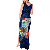 Custom Guam Christmas Tank Maxi Dress Santa Gift Latte Stone and Sea Turle Mix Hibiscus Chamorro Blue Style LT03 - Polynesian Pride