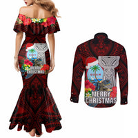 Guam Christmas Couples Matching Mermaid Dress and Long Sleeve Button Shirt Santa Gift Latte Stone and Sea Turle Mix Hibiscus Chamorro Red Style LT03 - Polynesian Pride