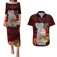 Guam Christmas Couples Matching Puletasi Dress and Hawaiian Shirt Santa Gift Latte Stone and Sea Turle Mix Hibiscus Chamorro Red Style LT03 Red - Polynesian Pride