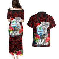 Guam Christmas Couples Matching Puletasi Dress and Hawaiian Shirt Santa Gift Latte Stone and Sea Turle Mix Hibiscus Chamorro Red Style LT03 - Polynesian Pride