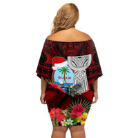 Guam Christmas Off Shoulder Short Dress Santa Gift Latte Stone and Sea Turle Mix Hibiscus Chamorro Red Style LT03 - Polynesian Pride