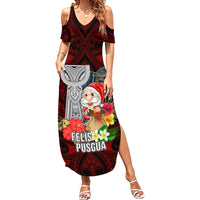 Guam Christmas Summer Maxi Dress Santa Gift Latte Stone and Sea Turle Mix Hibiscus Chamorro Red Style LT03 Women Red - Polynesian Pride