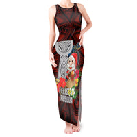 Guam Christmas Tank Maxi Dress Santa Gift Latte Stone and Sea Turle Mix Hibiscus Chamorro Red Style LT03 Women Red - Polynesian Pride