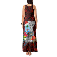 Guam Christmas Tank Maxi Dress Santa Gift Latte Stone and Sea Turle Mix Hibiscus Chamorro Red Style LT03 - Polynesian Pride