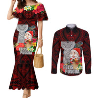 Custom Guam Christmas Couples Matching Mermaid Dress and Long Sleeve Button Shirt Santa Gift Latte Stone and Sea Turle Mix Hibiscus Chamorro Red Style LT03 Red - Polynesian Pride