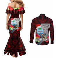 Custom Guam Christmas Couples Matching Mermaid Dress and Long Sleeve Button Shirt Santa Gift Latte Stone and Sea Turle Mix Hibiscus Chamorro Red Style LT03 - Polynesian Pride