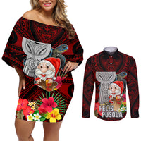 Custom Guam Christmas Couples Matching Off Shoulder Short Dress and Long Sleeve Button Shirt Santa Gift Latte Stone and Sea Turle Mix Hibiscus Chamorro Red Style LT03 Red - Polynesian Pride