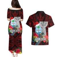 Custom Guam Christmas Couples Matching Puletasi Dress and Hawaiian Shirt Santa Gift Latte Stone and Sea Turle Mix Hibiscus Chamorro Red Style LT03 - Polynesian Pride