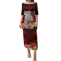 Custom Guam Christmas Puletasi Santa Gift Latte Stone and Sea Turle Mix Hibiscus Chamorro Red Style LT03 Long Dress Red - Polynesian Pride
