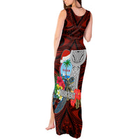 Custom Guam Christmas Tank Maxi Dress Santa Gift Latte Stone and Sea Turle Mix Hibiscus Chamorro Red Style LT03 - Polynesian Pride