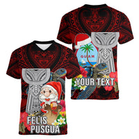 Custom Guam Christmas Women V Neck T Shirt Santa Gift Latte Stone and Sea Turle Mix Hibiscus Chamorro Red Style LT03