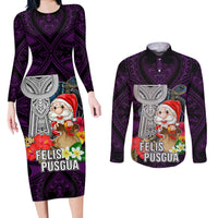 Guam Christmas Couples Matching Long Sleeve Bodycon Dress and Long Sleeve Button Shirt Santa Gift Latte Stone and Sea Turle Mix Hibiscus Chamorro Pink Style LT03