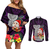 Guam Christmas Couples Matching Off Shoulder Short Dress and Long Sleeve Button Shirt Santa Gift Latte Stone and Sea Turle Mix Hibiscus Chamorro Pink Style LT03 Pink - Polynesian Pride