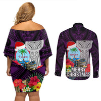 Guam Christmas Couples Matching Off Shoulder Short Dress and Long Sleeve Button Shirt Santa Gift Latte Stone and Sea Turle Mix Hibiscus Chamorro Pink Style LT03