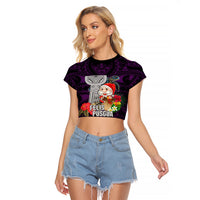 Guam Christmas Raglan Cropped T Shirt Santa Gift Latte Stone and Sea Turle Mix Hibiscus Chamorro Pink Style LT03