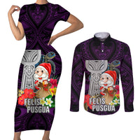 Custom Guam Christmas Couples Matching Short Sleeve Bodycon Dress and Long Sleeve Button Shirt Santa Gift Latte Stone and Sea Turle Mix Hibiscus Chamorro Pink Style LT03