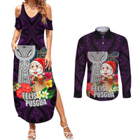 Custom Guam Christmas Couples Matching Summer Maxi Dress and Long Sleeve Button Shirt Santa Gift Latte Stone and Sea Turle Mix Hibiscus Chamorro Pink Style LT03 Pink - Polynesian Pride