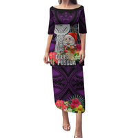 Custom Guam Christmas Puletasi Santa Gift Latte Stone and Sea Turle Mix Hibiscus Chamorro Pink Style LT03 Long Dress Pink - Polynesian Pride