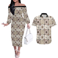 Tukenny Pattern Fijian War Clubs Couples Matching Off The Shoulder Long Sleeve Dress and Hawaiian Shirt LT03 Beige - Polynesian Pride
