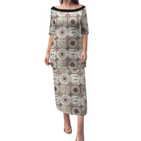 Tukenny Pattern Fijian War Clubs Family Matching Puletasi and Hawaiian Shirt LT03 Mom's Dress Beige - Polynesian Pride