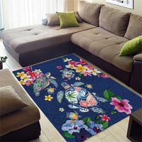 Hawaiian Turtles and Tropical Plants Area Rug Blue Watercolor