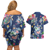 Hawaiian Turtles and Tropical Plants Couples Matching Off Shoulder Short Dress and Hawaiian Shirt Blue Watercolor