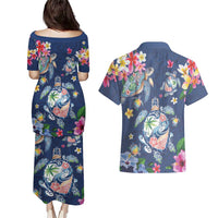 Hawaiian Turtles and Tropical Plants Couples Matching Puletasi and Hawaiian Shirt Blue Watercolor