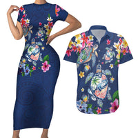 Hawaiian Turtles and Tropical Plants Couples Matching Short Sleeve Bodycon Dress and Hawaiian Shirt Blue Watercolor