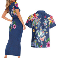 Hawaiian Turtles and Tropical Plants Couples Matching Short Sleeve Bodycon Dress and Hawaiian Shirt Blue Watercolor