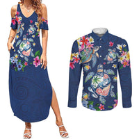 Hawaiian Turtles and Tropical Plants Couples Matching Summer Maxi Dress and Long Sleeve Button Shirt Blue Watercolor