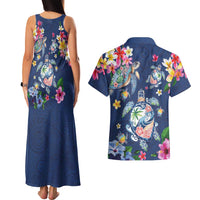 Hawaiian Turtles and Tropical Plants Couples Matching Tank Maxi Dress and Hawaiian Shirt Blue Watercolor