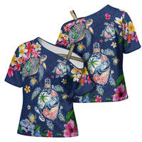 Hawaiian Turtles and Tropical Plants Cross Shoulder Shirt Blue Watercolor LT03 - Polynesian Pride