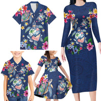 Hawaiian Turtles and Tropical Plants Family Matching Long Sleeve Bodycon Dress and Hawaiian Shirt Blue Watercolor