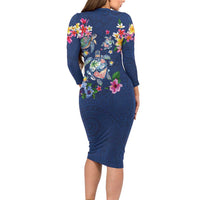Hawaiian Turtles and Tropical Plants Family Matching Long Sleeve Bodycon Dress and Hawaiian Shirt Blue Watercolor