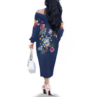 Hawaiian Turtles and Tropical Plants Family Matching Off The Shoulder Long Sleeve Dress and Hawaiian Shirt Blue Watercolor