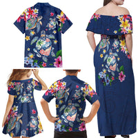 Hawaiian Turtles and Tropical Plants Family Matching Off Shoulder Maxi Dress and Hawaiian Shirt Blue Watercolor