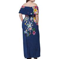 Hawaiian Turtles and Tropical Plants Family Matching Off Shoulder Maxi Dress and Hawaiian Shirt Blue Watercolor