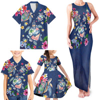Hawaiian Turtles and Tropical Plants Family Matching Tank Maxi Dress and Hawaiian Shirt Blue Watercolor