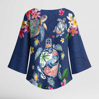 Hawaiian Turtles and Tropical Plants Kimono Sleeve Blouse Blue Watercolor LT03 - Polynesian Pride