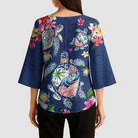 Hawaiian Turtles and Tropical Plants Kimono Sleeve Blouse Blue Watercolor LT03 - Polynesian Pride