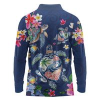 Hawaiian Turtles and Tropical Plants Long Sleeve Polo Shirt Blue Watercolor