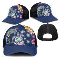 Hawaiian Turtles and Tropical Plants Mesh Trucker Cap Blue Watercolor