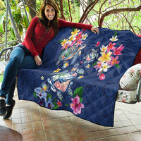 Hawaiian Turtles and Tropical Plants Quilt Blue Watercolor