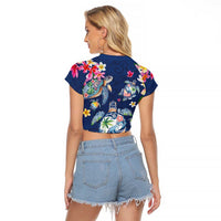 Hawaiian Turtles and Tropical Plants Raglan Cropped T Shirt Blue Watercolor