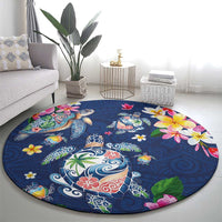Hawaiian Turtles and Tropical Plants Round Carpet Blue Watercolor